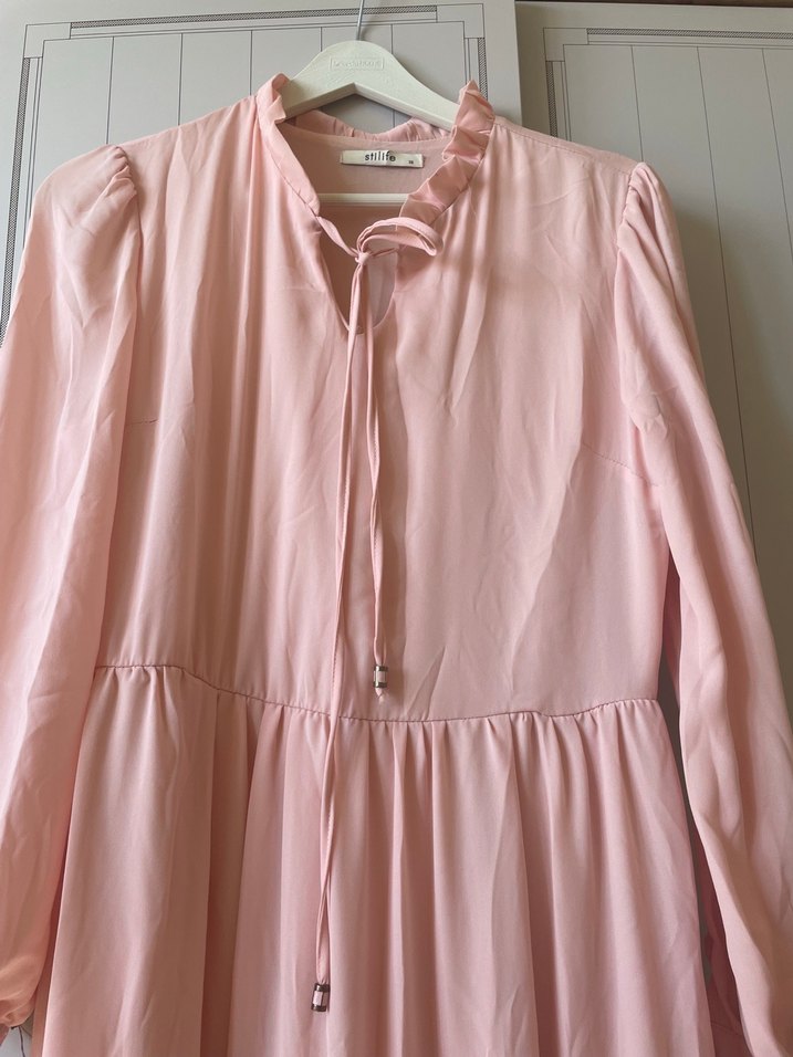 Pembe Uzun Salaş Elbise Fırfırlı - Görsel 3