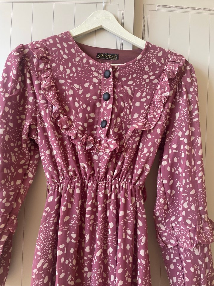 Uzun Kol Düğmeli Bordo Bohem Elbise - Görsel 2