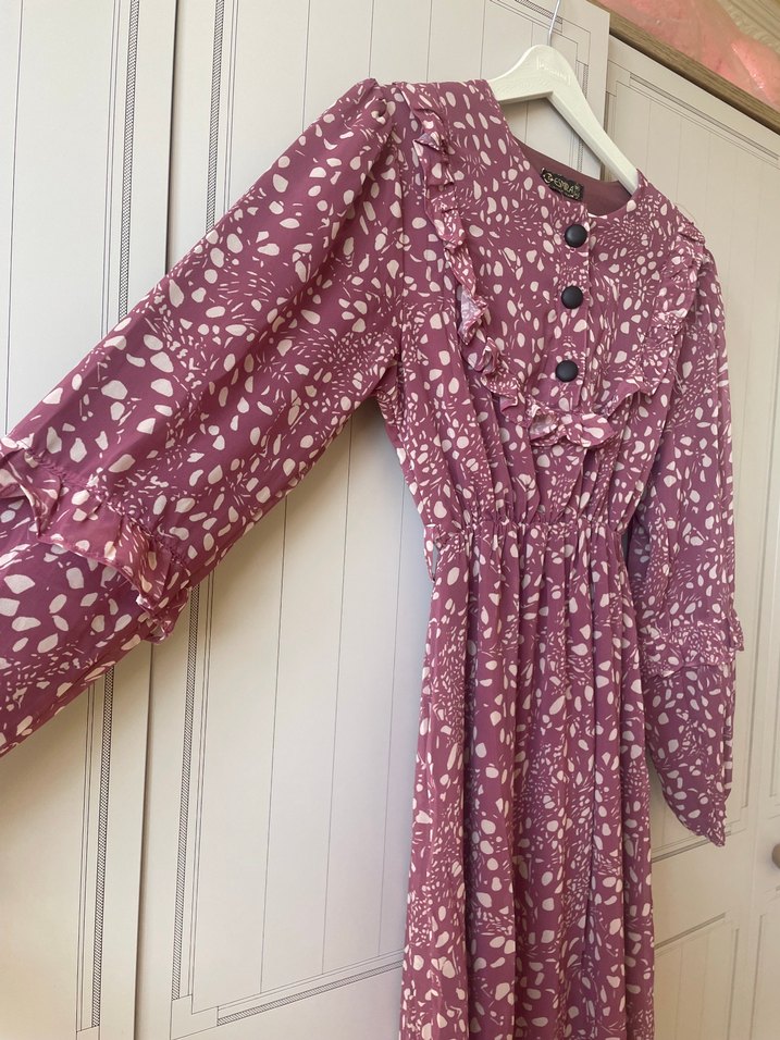 Uzun Kol Düğmeli Bordo Bohem Elbise - Görsel 4