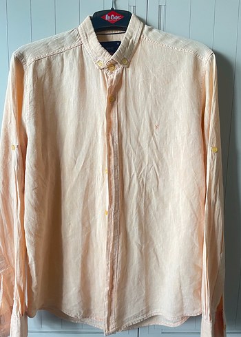 Bej Keten Erkek Gömlek, Uzun Kollu, Düğmeli - Görsel 4