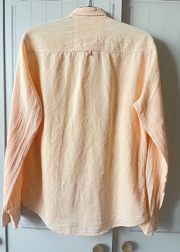 Bej Keten Erkek Gömlek, Uzun Kollu, Düğmeli - Görsel 5