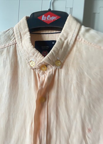 Bej Keten Erkek Gömlek, Uzun Kollu, Düğmeli - Görsel 2