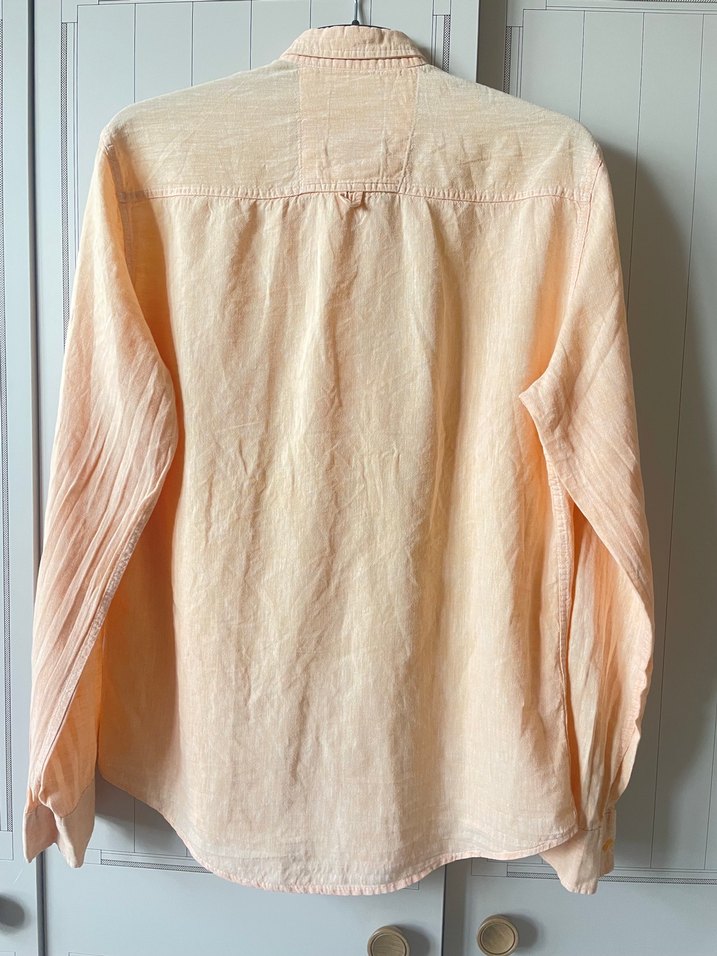 Bej Keten Erkek Gömlek, Uzun Kollu, Düğmeli - Görsel 5