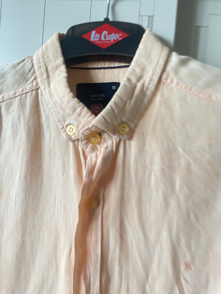 Bej Keten Erkek Gömlek, Uzun Kollu, Düğmeli - Görsel 2