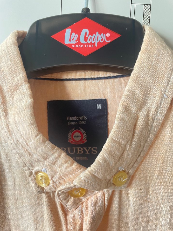 Bej Keten Erkek Gömlek, Uzun Kollu, Düğmeli - Görsel 3