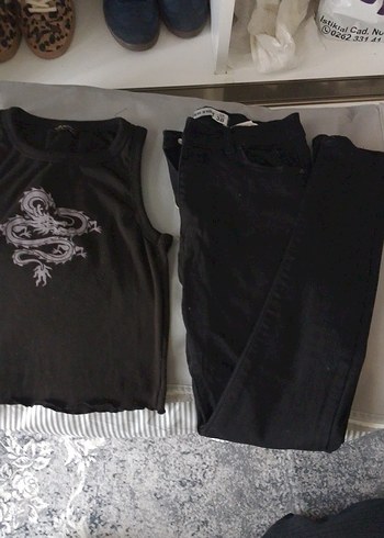 Diğer Siyah Crop Ust Siyah Dar Paca Jean