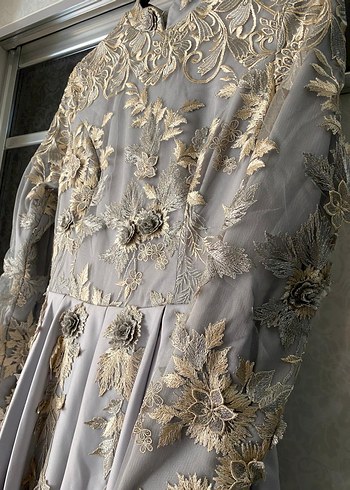 Nakışlı Uzun Kollu Gri Abiye Elbise - Görsel 3