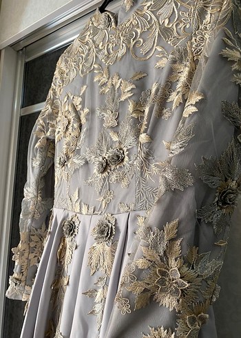 Nakışlı Uzun Kollu Gri Abiye Elbise - Görsel 4