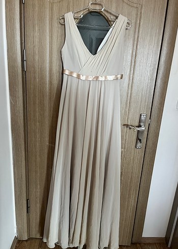 Bej V Yaka Uzun Gelinlik - Görsel 5