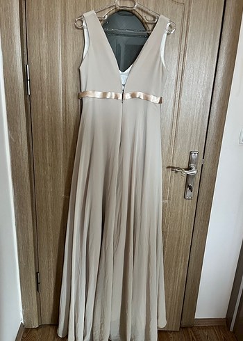 Bej V Yaka Uzun Gelinlik - Görsel 6