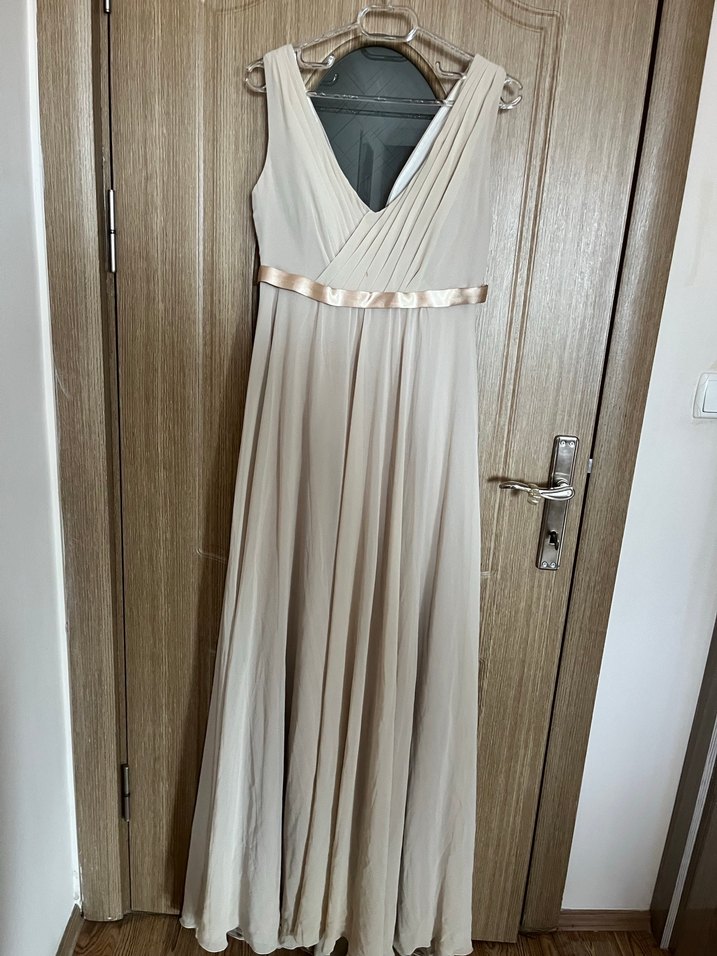 Bej V Yaka Uzun Gelinlik - Görsel 5