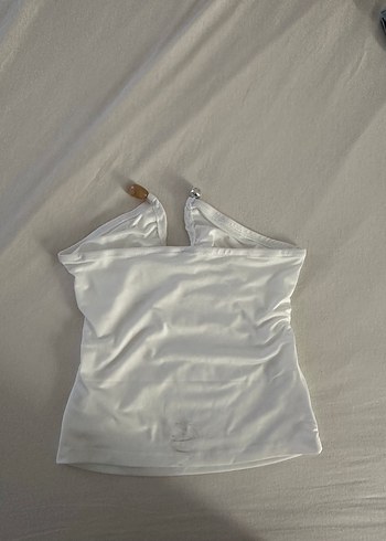 Diğer TEMU Beyaz drape detaylı aksesuarlı straplez bluz