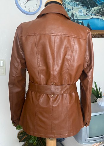Düğmeli Kahverengi Deri Kadın Biker Ceket - Görsel 3