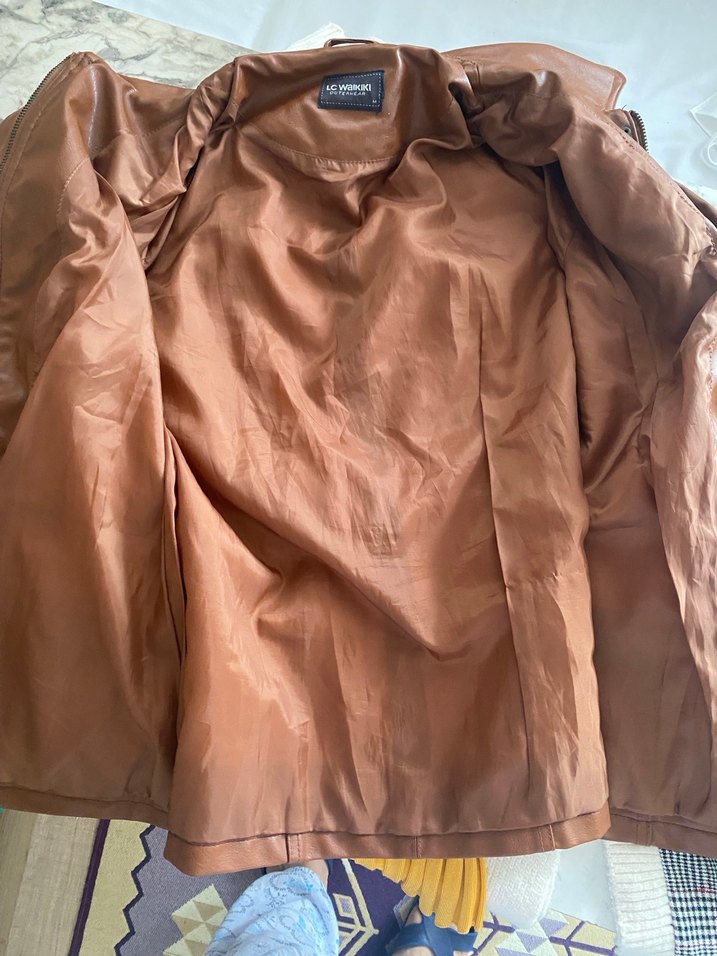 Düğmeli Kahverengi Deri Kadın Biker Ceket - Görsel 4