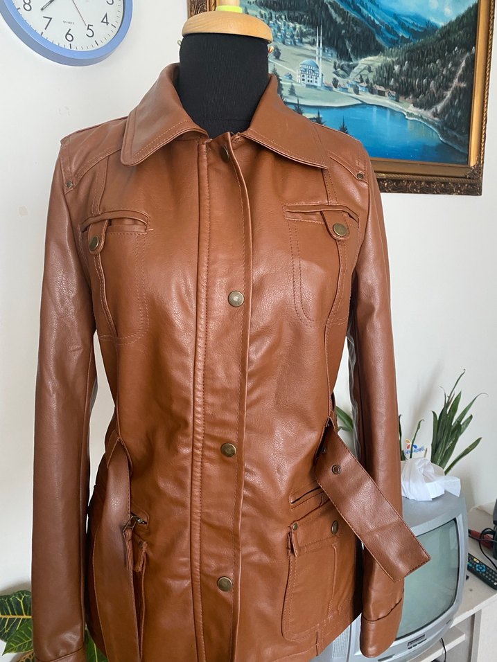 Düğmeli Kahverengi Deri Kadın Biker Ceket - Görsel 2