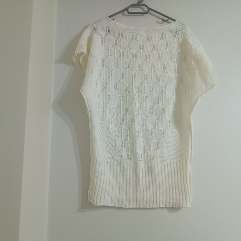 Beyaz Bohem Kadın Örgü Kısa Kollu Kazak - Görsel 2