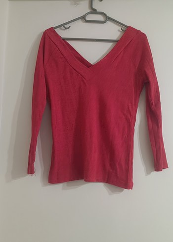 V Yaka Kırmızı İnce Triko Kadın Kazak - Görsel 2