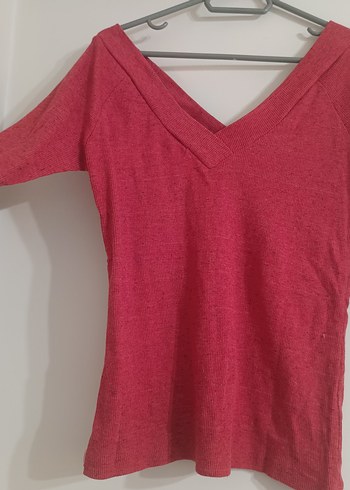 V Yaka Kırmızı İnce Triko Kadın Kazak - Görsel 3