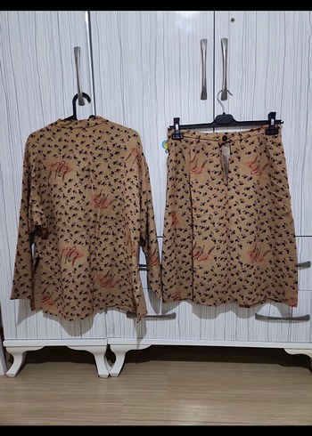 Düğmeli, Uzun Kollu Kahverengi Bohem Bluz etek takım - Görsel 6