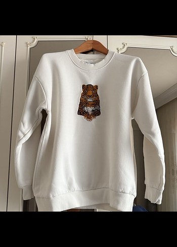 Beyaz Kadın Sweatshirt, Kaplan Baskılı, Sıcak Kumaş - Görsel 5