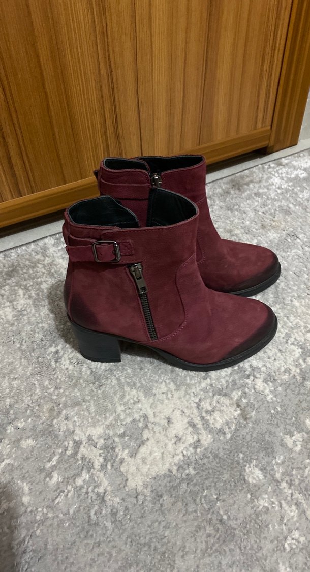 Bordo Süet Tokalı Kadın Biker Bot - Görsel 2