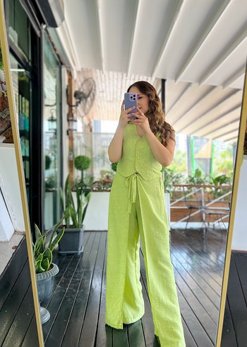 Kadın Yeşil Kolsuz Midi Keten Tulum