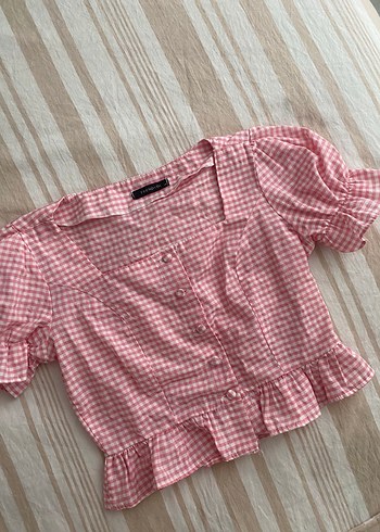 34 Beden Düğmeli Kısa Kollu Pembe Bluz