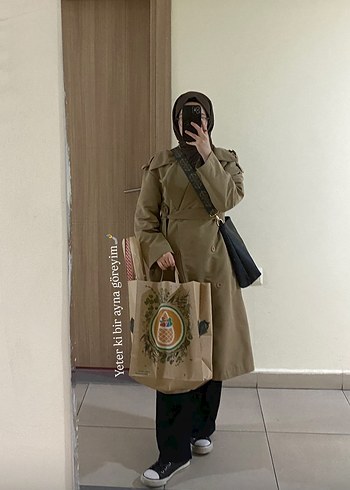 36 Beden camel Renk Bej Düğmeli Uzun Kadın Trençkot