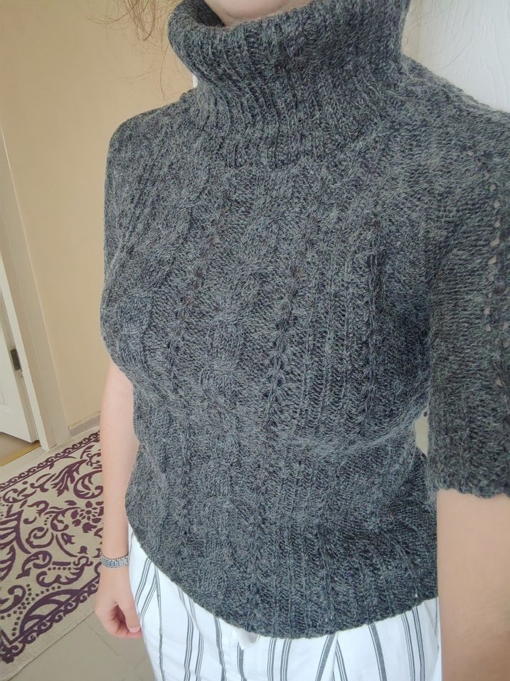 Kısa Kollu Gri Boğazlı Yün Kazak - Görsel 2