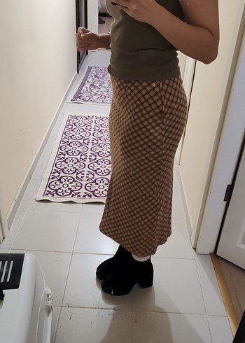 Bej Kareli Yünlü Uzun Etek - Görsel 5