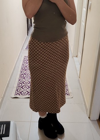 Bej Kareli Yünlü Uzun Etek - Görsel 6