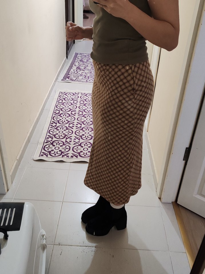 Bej Kareli Yünlü Uzun Etek - Görsel 5