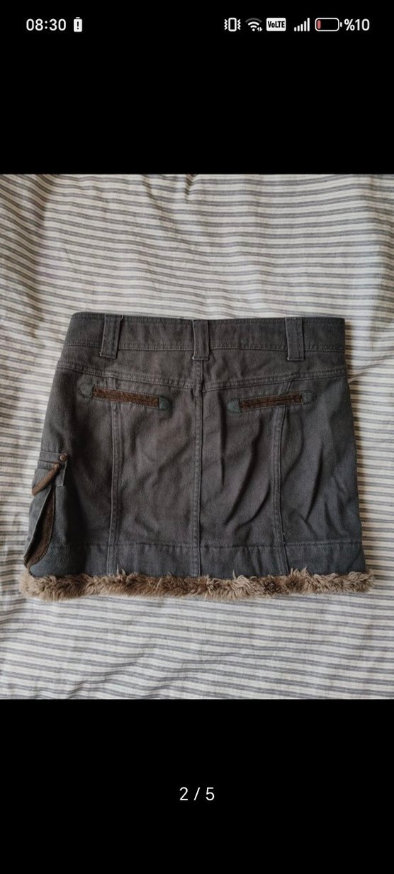 Kahverengi Kürklü Sokak Stili Mini Kot Etek - Görsel 2