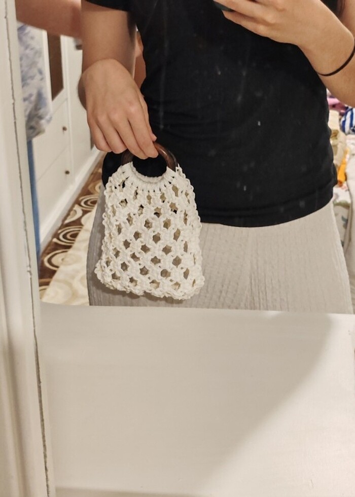 ahşap saplı hasır ipten makrome el çantası - Görsel 2