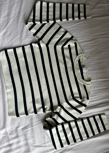 Çizgili İnce Örgü Kadın Sweatshirt krop triko