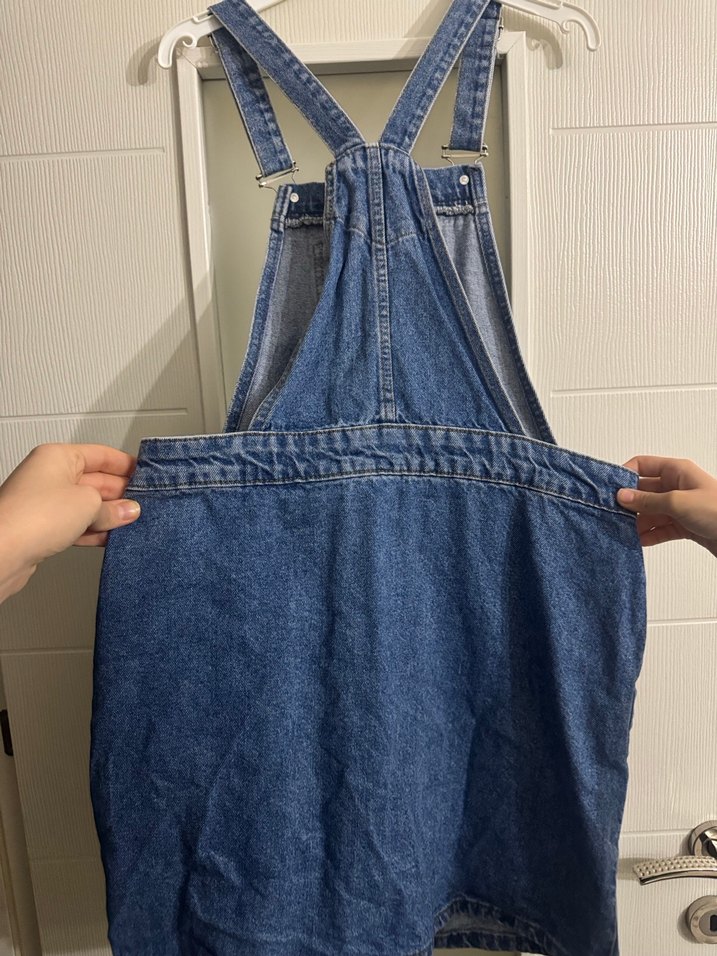 Kadın Mavi Denim Askılı Midi Tulum - Görsel 3