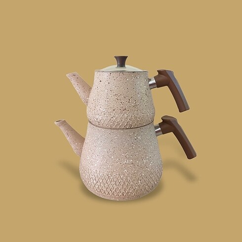 Kahve Kulplu Krem Granit Çaydanlık