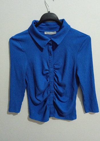 Düğmeli Mavi Uzun Kollu Keten Gömlek - Görsel 3