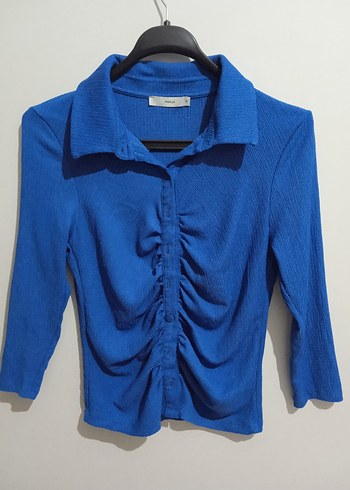 Düğmeli Mavi Uzun Kollu Keten Gömlek - Görsel 2