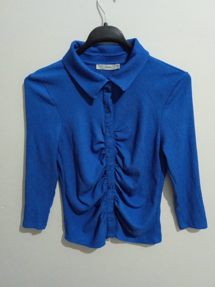 Düğmeli Mavi Uzun Kollu Keten Gömlek - Görsel 3