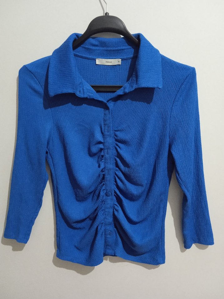 Düğmeli Mavi Uzun Kollu Keten Gömlek - Görsel 2