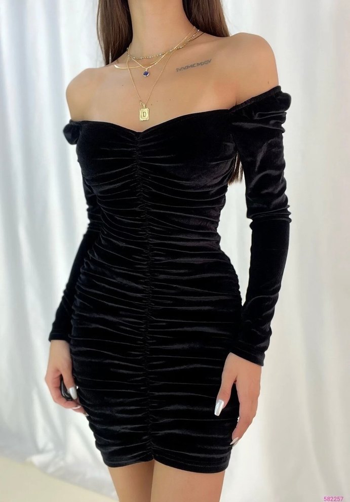 Siyah Drapeli Mini Kadife Elbise - Görsel 2