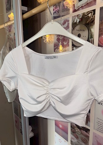 Beyaz Kısa Kollu, büzgülü dar bluz - Görsel 2