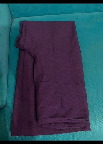 Mor Kadın Keten Pilili Kumaş Pantolon - Görsel 2