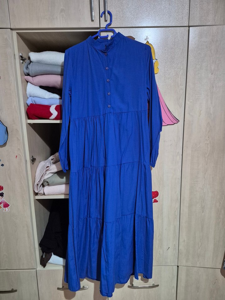 Düğmeli Lacivert Uzun Pamuk Elbise - Görsel 4