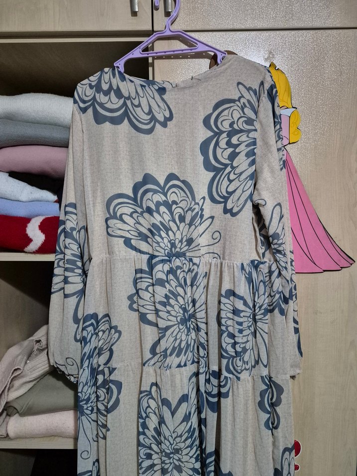 Bohem Bej Uzun Kollu Salaş Tesettür Elbise - Görsel 2