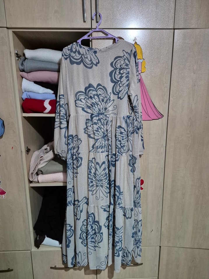 Bohem Bej Uzun Kollu Salaş Tesettür Elbise - Görsel 5