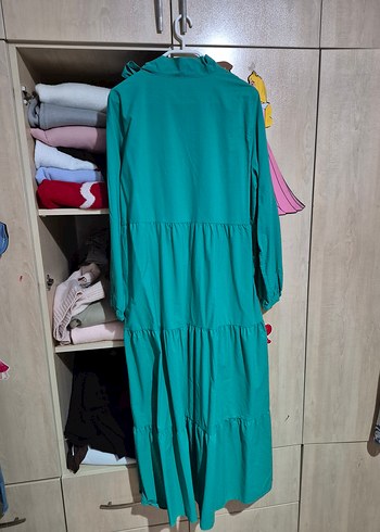 Uzun Kollu, Fırfırlı Turkuaz Kadın Tesettür Elbise - Görsel 4