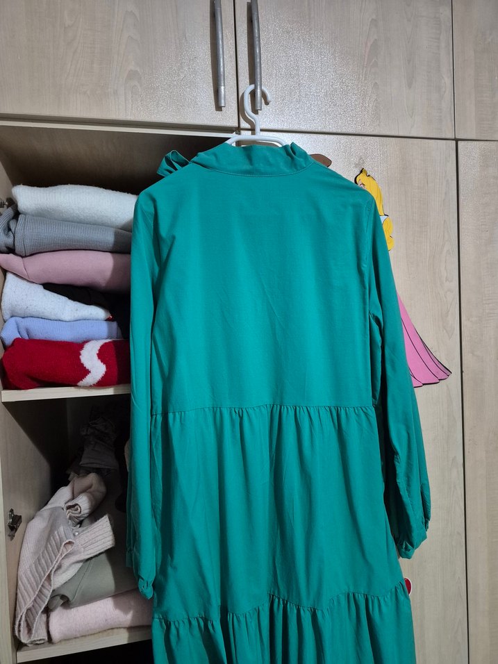 Uzun Kollu, Fırfırlı Turkuaz Kadın Tesettür Elbise - Görsel 3