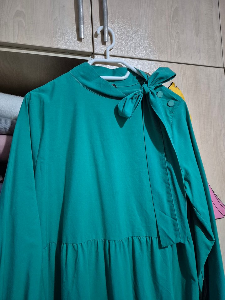 Uzun Kollu, Fırfırlı Turkuaz Kadın Tesettür Elbise - Görsel 2